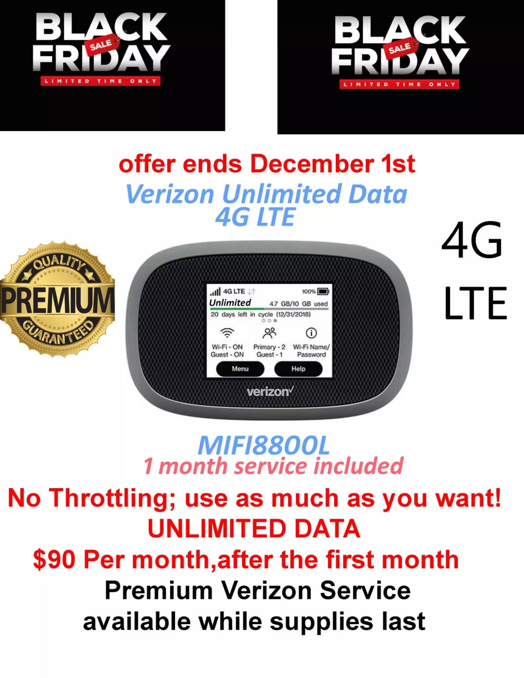 mifi 8800l Verizon Unlimited Data 4G LTE Hotspot 30 DAYS of Full UNLIMITED DATA, $90 Per month